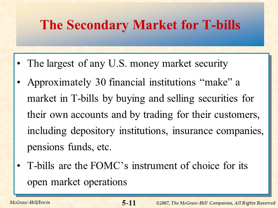 ©2007, The McGraw-Hill Companies, All Rights Reserved 5-11 McGraw-Hill/Irwin The Secondary Market for T-bills The largest of any U.S.