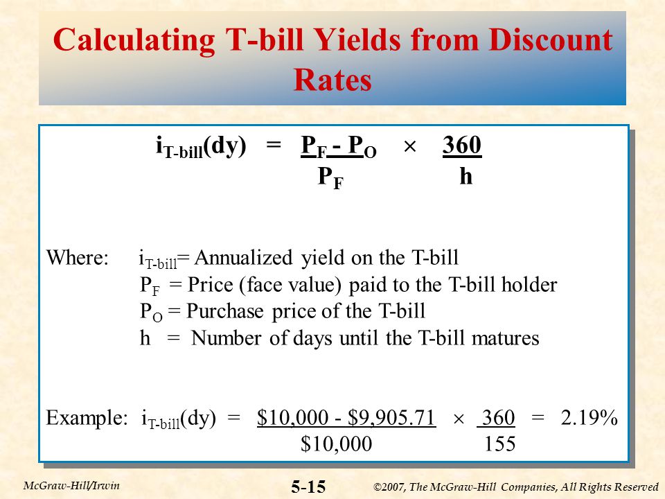 ©2007, The McGraw-Hill Companies, All Rights Reserved 5-15 McGraw-Hill/Irwin Calculating T-bill Yields from Discount Rates i T-bill (dy) = P F - P O  360 P F h Where: i T-bill = Annualized yield on the T-bill P F = Price (face value) paid to the T-bill holder P O = Purchase price of the T-bill h = Number of days until the T-bill matures Example: i T-bill (dy) = $10,000 - $9,  360 = 2.19% $10, i T-bill (dy) = P F - P O  360 P F h Where: i T-bill = Annualized yield on the T-bill P F = Price (face value) paid to the T-bill holder P O = Purchase price of the T-bill h = Number of days until the T-bill matures Example: i T-bill (dy) = $10,000 - $9,  360 = 2.19% $10,