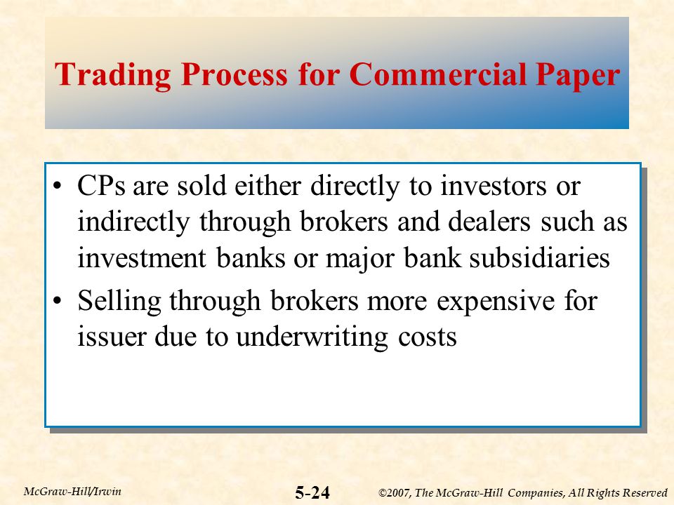 ©2007, The McGraw-Hill Companies, All Rights Reserved 5-24 McGraw-Hill/Irwin Trading Process for Commercial Paper CPs are sold either directly to investors or indirectly through brokers and dealers such as investment banks or major bank subsidiaries Selling through brokers more expensive for issuer due to underwriting costs CPs are sold either directly to investors or indirectly through brokers and dealers such as investment banks or major bank subsidiaries Selling through brokers more expensive for issuer due to underwriting costs