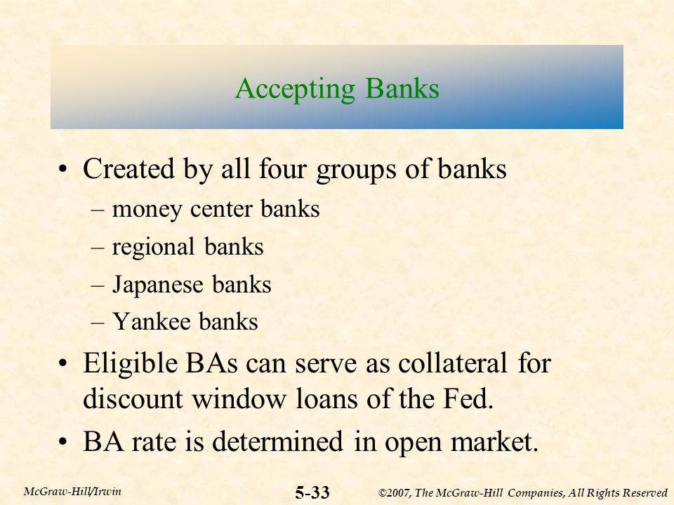 ©2007, The McGraw-Hill Companies, All Rights Reserved 5-33 McGraw-Hill/Irwin Accepting Banks Created by all four groups of banks –money center banks –regional banks –Japanese banks –Yankee banks Eligible BAs can serve as collateral for discount window loans of the Fed.