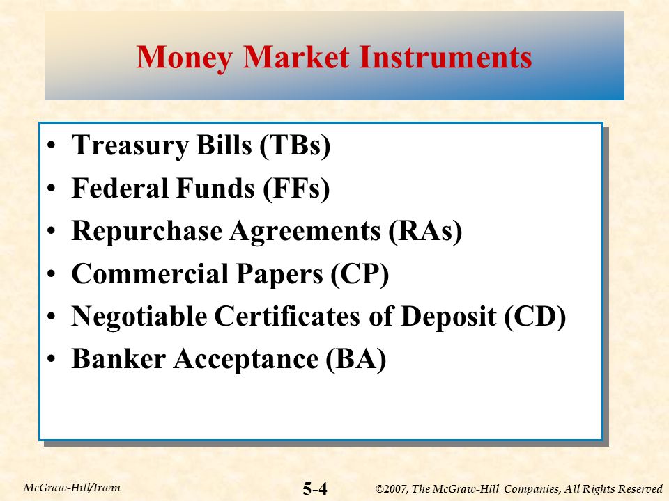 ©2007, The McGraw-Hill Companies, All Rights Reserved 5-4 McGraw-Hill/Irwin Money Market Instruments Treasury Bills (TBs) Federal Funds (FFs) Repurchase Agreements (RAs) Commercial Papers (CP) Negotiable Certificates of Deposit (CD) Banker Acceptance (BA) Treasury Bills (TBs) Federal Funds (FFs) Repurchase Agreements (RAs) Commercial Papers (CP) Negotiable Certificates of Deposit (CD) Banker Acceptance (BA)