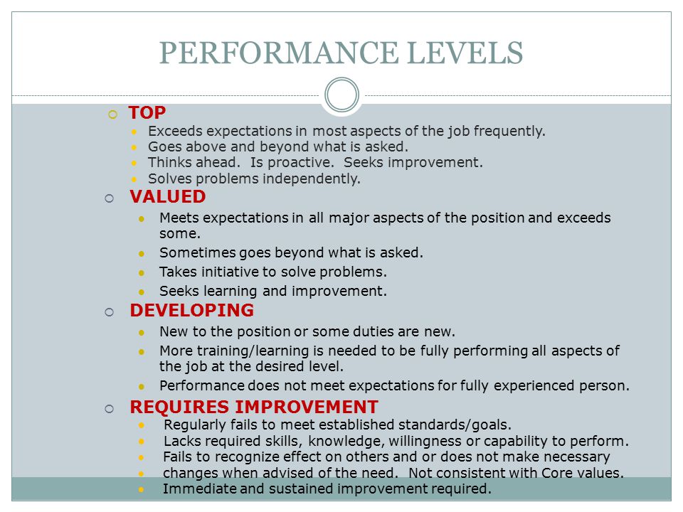 PERFORMANCE LEVELS  TOP Exceeds expectations in most aspects of the job frequently.