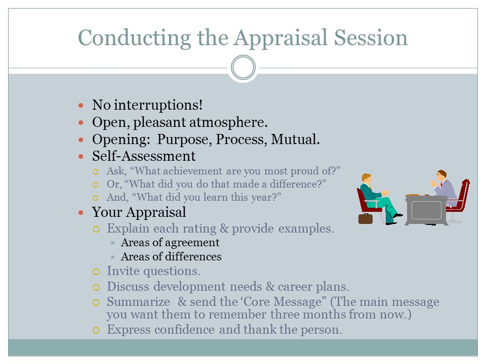 Conducting the Appraisal Session No interruptions.
