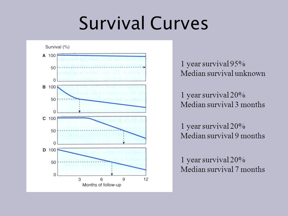 Survival Curves 1 year survival 95% Median survival unknown 1 year survival 20% Median survival 3 months 1 year survival 20% Median survival 9 months 1 year survival 20% Median survival 7 months