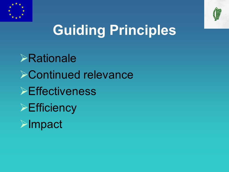 Guiding Principles  Rationale  Continued relevance  Effectiveness  Efficiency  Impact