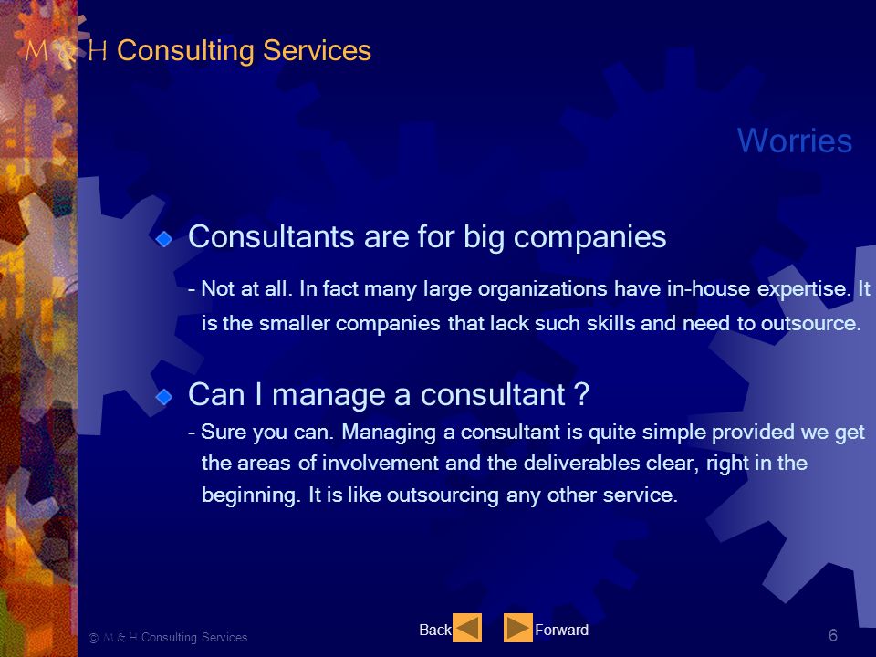 Ⓒ M & H Consulting Services 6 Worries Consultants are for big companies - Not at all.