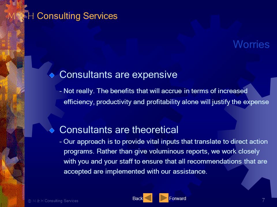 Ⓒ M & H Consulting Services 7 Worries Consultants are expensive - Not really.