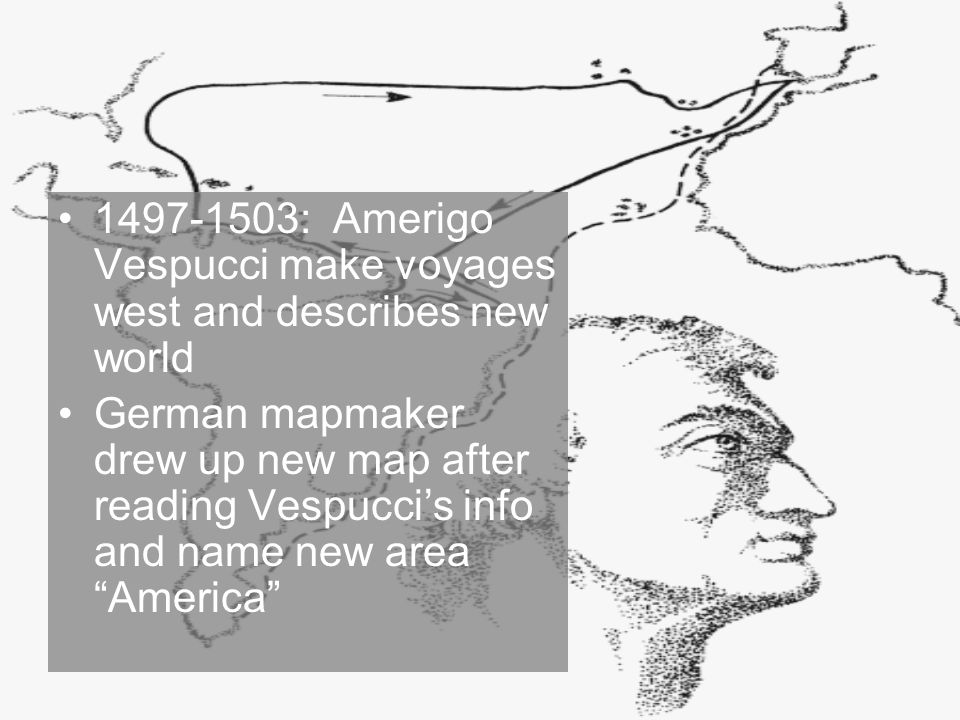 : Amerigo Vespucci make voyages west and describes new world German mapmaker drew up new map after reading Vespucci’s info and name new area America