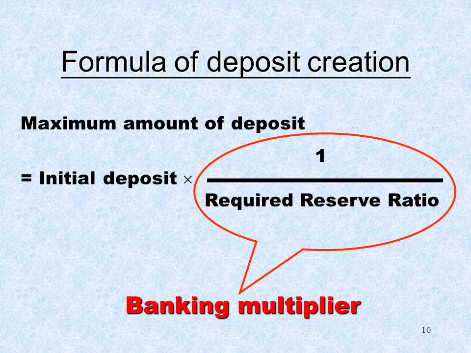 9 Ms = 0 + $4000 = $4000 loan = $0 Bank RR = $1000 ER = $0 Balance Sheet of the Banking System (required reserve ratio = 25%) Deposit $4000Reserve $1000 Loan $3000 The public Cp = $0 Further deposit / credit creation is impossible when excess reserve = 0, or required reserve = actual reserve.