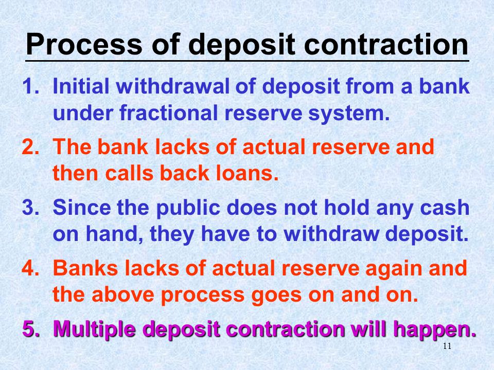 10 Formula of deposit creation Maximum amount of deposit 1 = Initial deposit  Required Reserve Ratio Banking multiplier