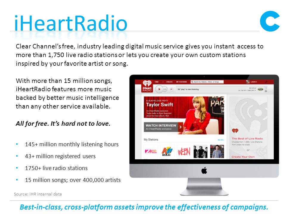 Clear Channel’s free, industry leading digital music service gives you instant access to more than 1,750 live radio stations or lets you create your own custom stations inspired by your favorite artist or song.