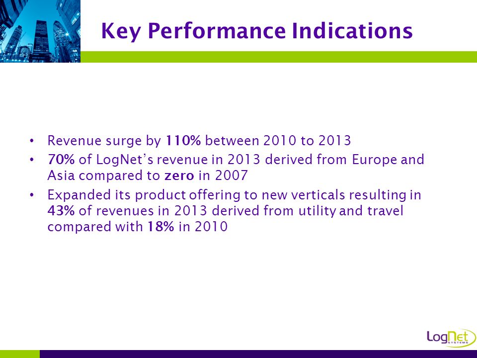 Revenue surge by 110% between 2010 to % of LogNet’s revenue in 2013 derived from Europe and Asia compared to zero in 2007 Expanded its product offering to new verticals resulting in 43% of revenues in 2013 derived from utility and travel compared with 18% in 2010 Key Performance Indications