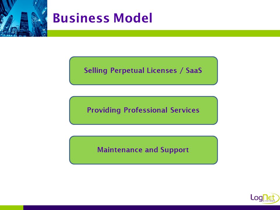 Business Model Selling Perpetual Licenses / SaaS Providing Professional Services Maintenance and Support