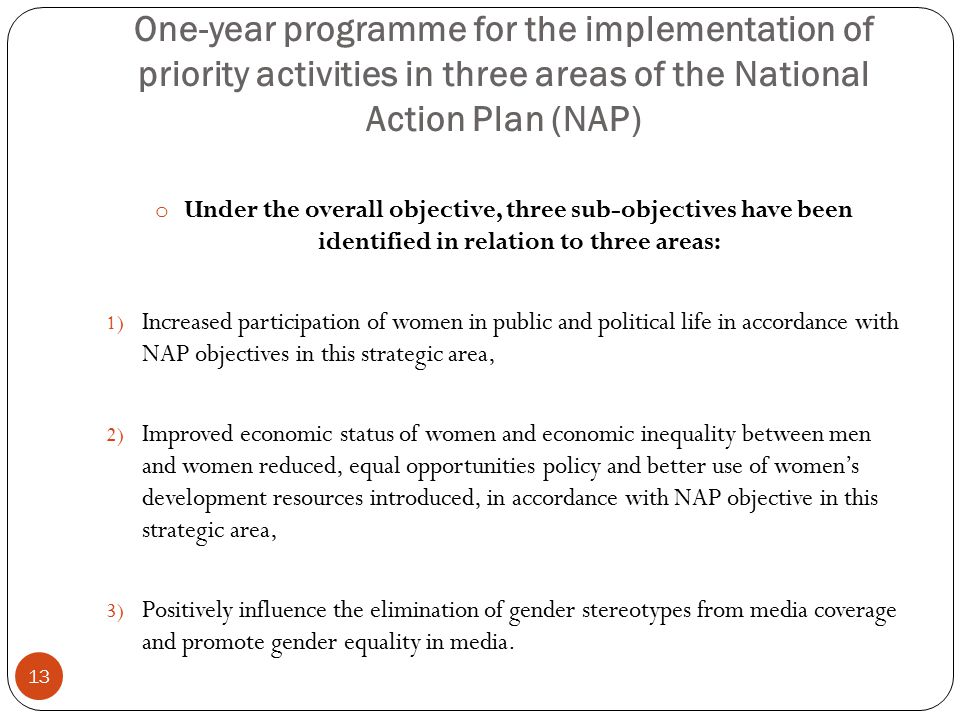 o Under the overall objective, three sub-objectives have been identified in relation to three areas: 1) Increased participation of women in public and political life in accordance with NAP objectives in this strategic area, 2) Improved economic status of women and economic inequality between men and women reduced, equal opportunities policy and better use of women’s development resources introduced, in accordance with NAP objective in this strategic area, 3) Positively influence the elimination of gender stereotypes from media coverage and promote gender equality in media.