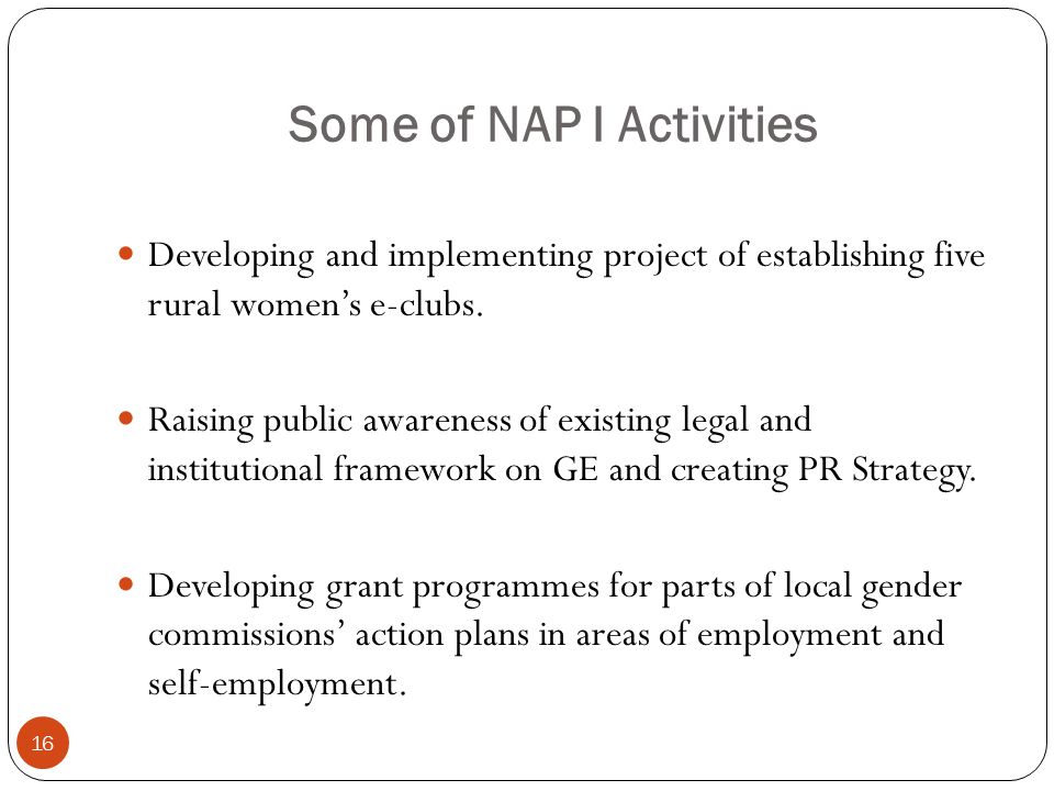 Some of NAP I Activities Developing and implementing project of establishing five rural women’s e-clubs.