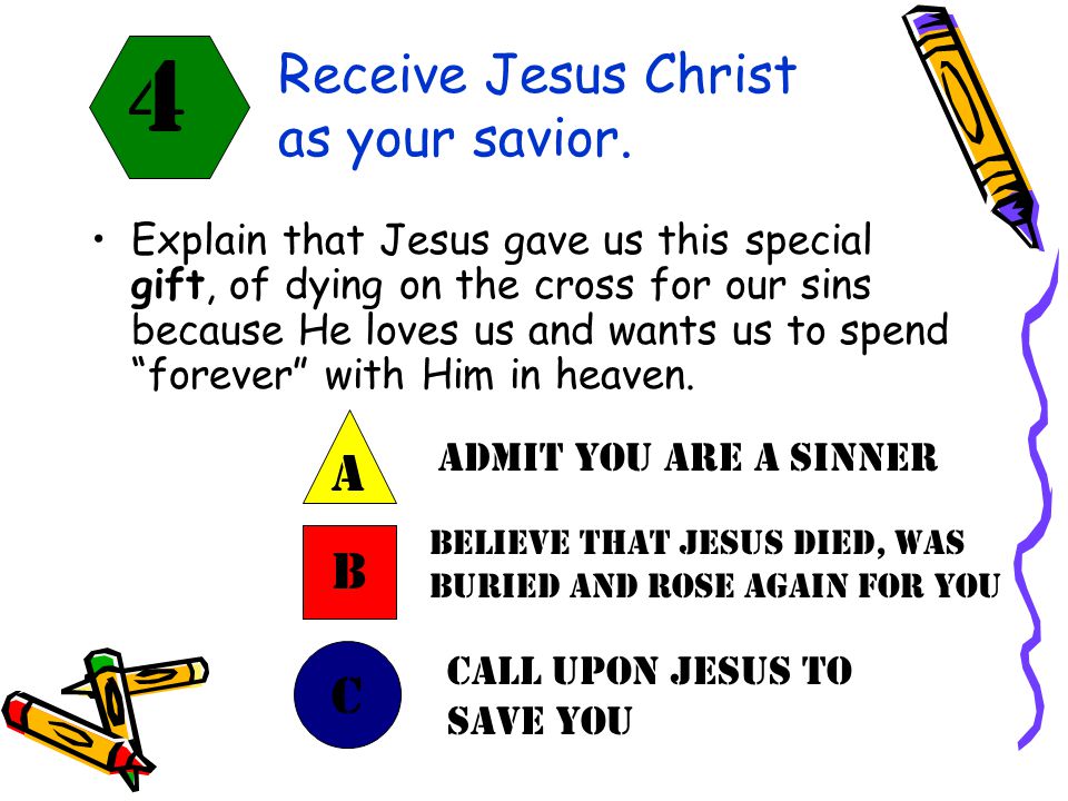 Explain that Jesus gave us this special gift, of dying on the cross for our sins because He loves us and wants us to spend forever with Him in heaven.