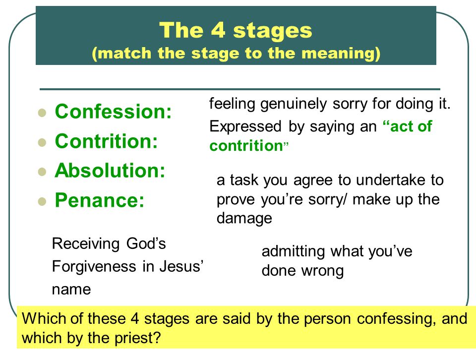 Confession: Contrition: Absolution: Penance: The 4 stages (match the stage to the meaning) admitting what you’ve done wrong feeling genuinely sorry for doing it.
