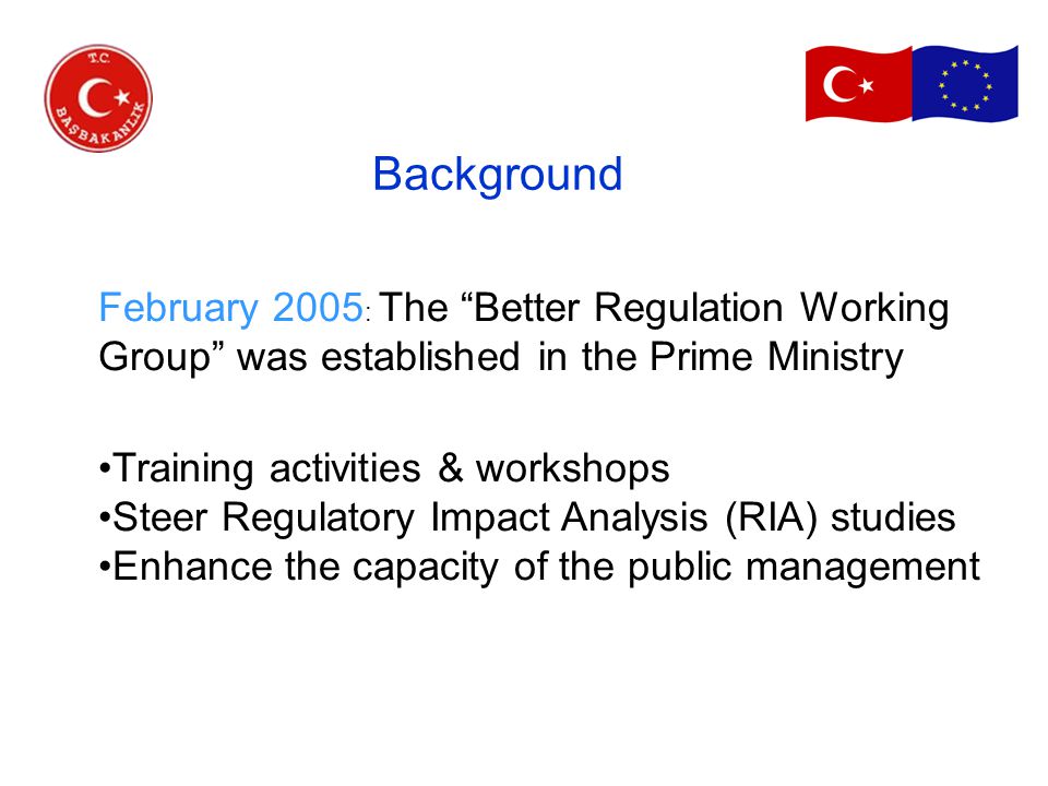February 2005 : The Better Regulation Working Group was established in the Prime Ministry Training activities & workshops Steer Regulatory Impact Analysis (RIA) studies Enhance the capacity of the public management Background
