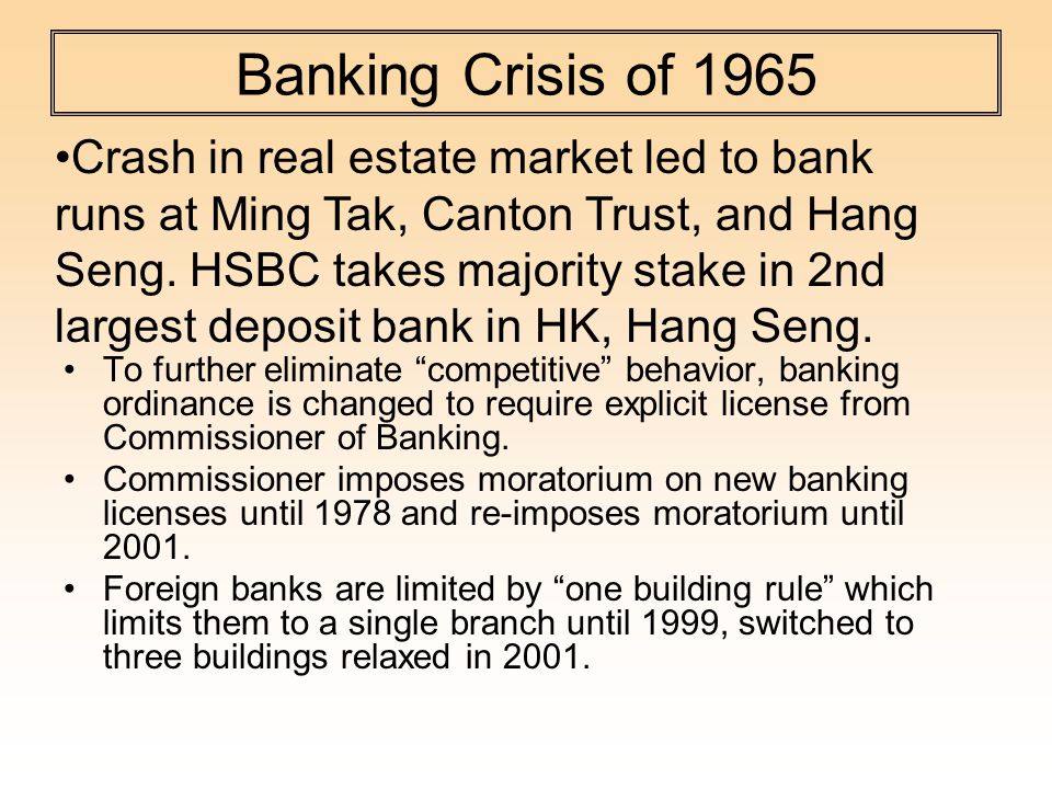 Banking Crisis of 1965 To further eliminate competitive behavior, banking ordinance is changed to require explicit license from Commissioner of Banking.