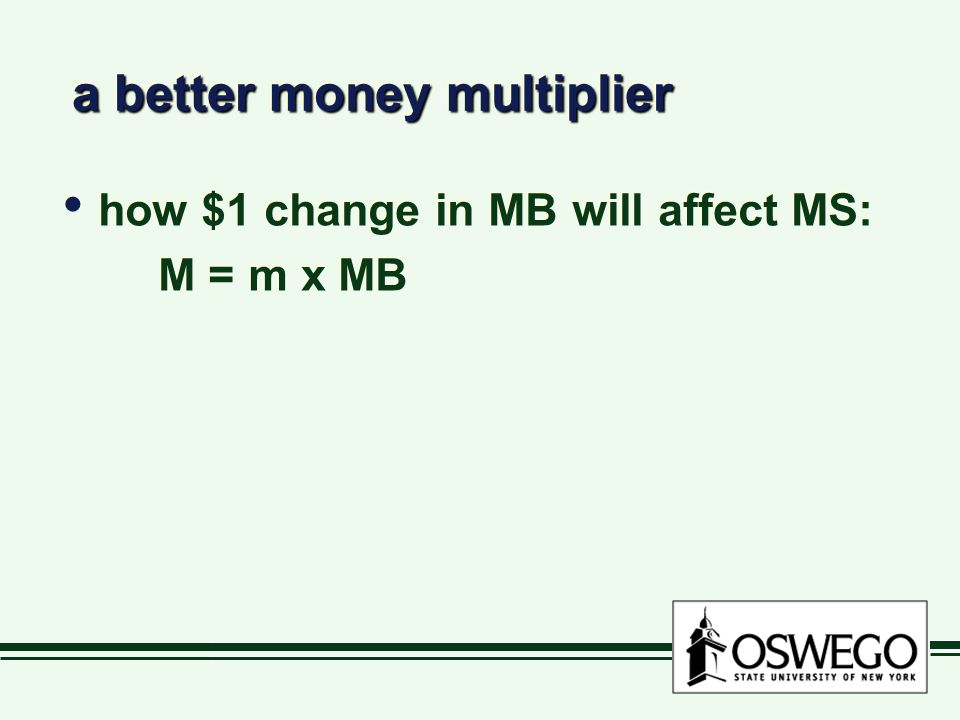 a better money multiplier a better money multiplier how $1 change in MB will affect MS: M = m x MB how $1 change in MB will affect MS: M = m x MB