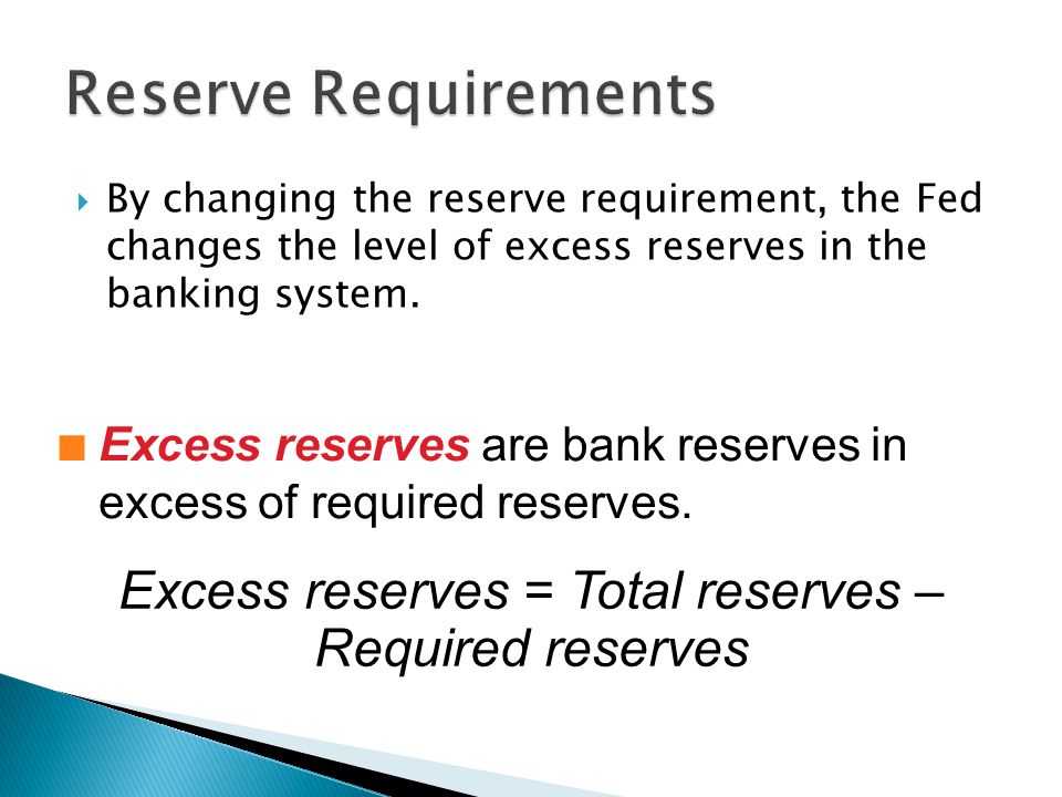  By changing the reserve requirement, the Fed changes the level of excess reserves in the banking system.