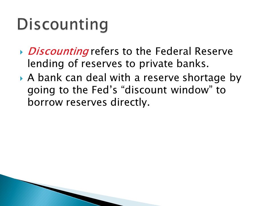  Discounting refers to the Federal Reserve lending of reserves to private banks.