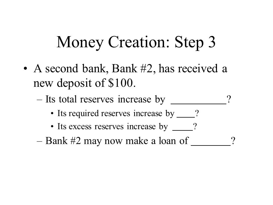 Money Creation: Step 3 A second bank, Bank #2, has received a new deposit of $100.