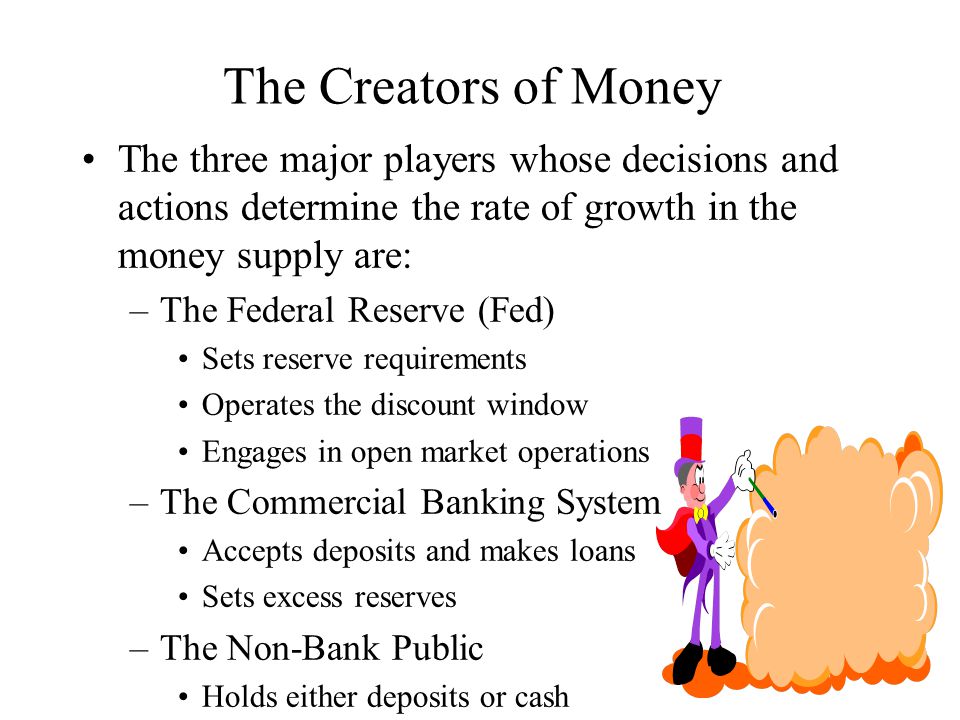 The Creators of Money The three major players whose decisions and actions determine the rate of growth in the money supply are: –The Federal Reserve (Fed) Sets reserve requirements Operates the discount window Engages in open market operations –The Commercial Banking System Accepts deposits and makes loans Sets excess reserves –The Non-Bank Public Holds either deposits or cash