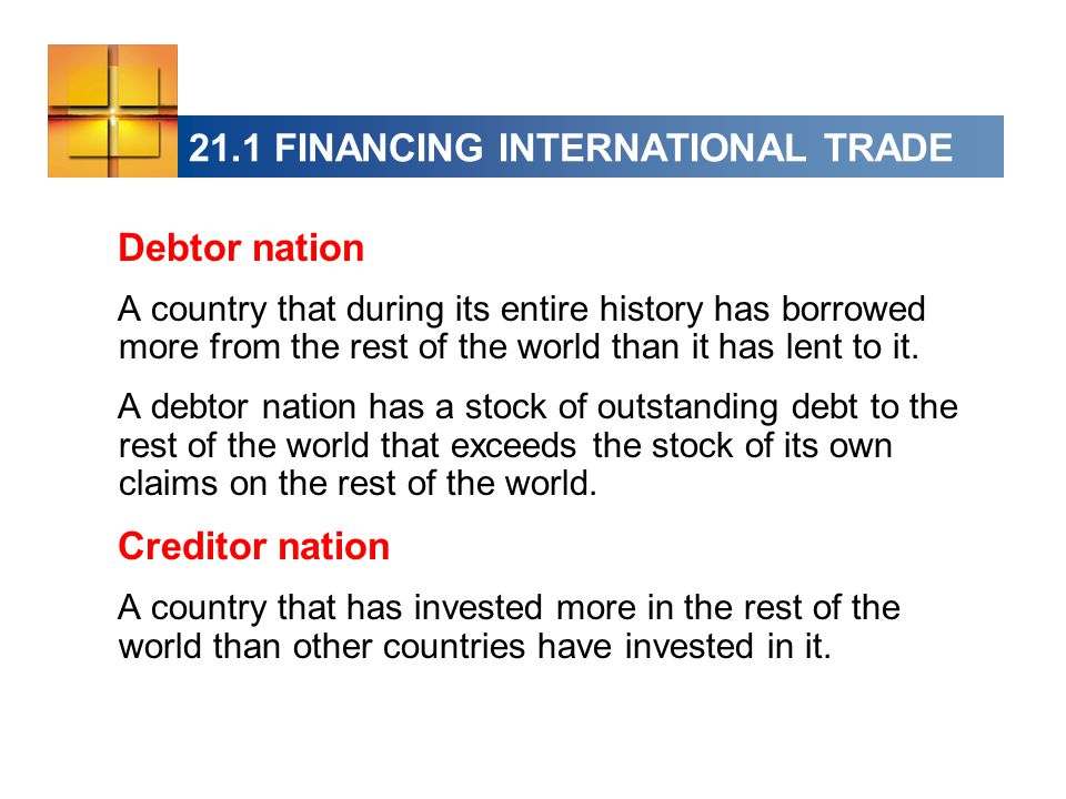 21.1 FINANCING INTERNATIONAL TRADE Debtor nation A country that during its entire history has borrowed more from the rest of the world than it has lent to it.
