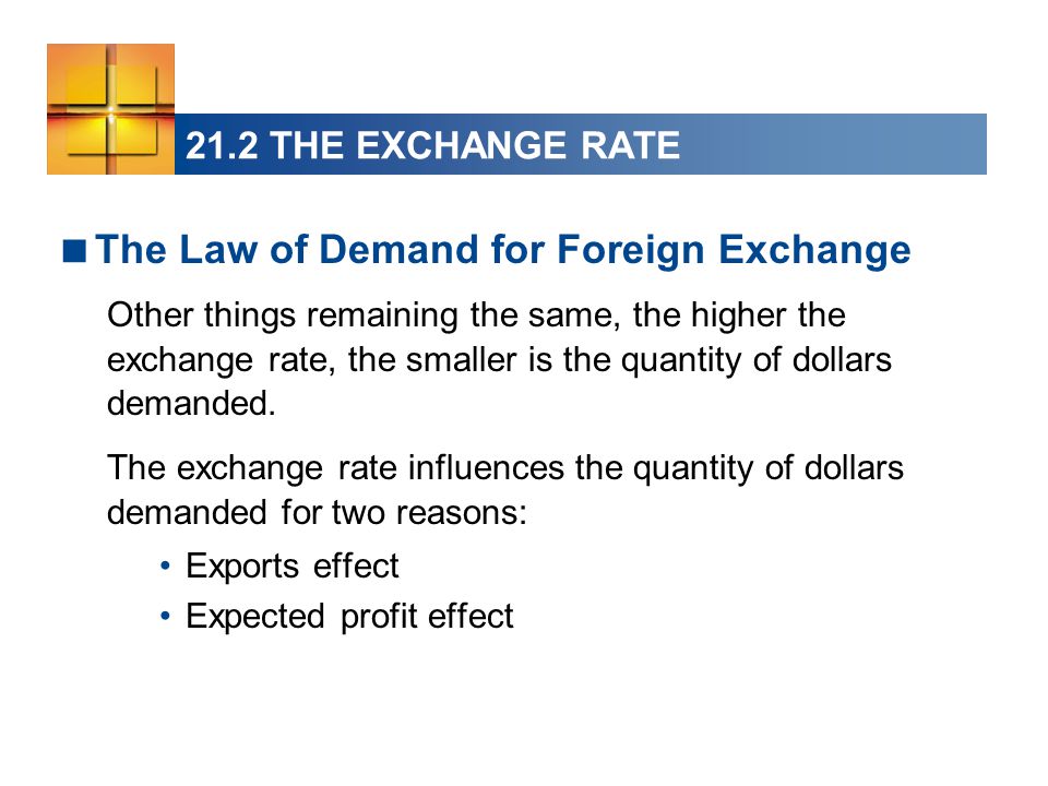 21.2 THE EXCHANGE RATE  The Law of Demand for Foreign Exchange Other things remaining the same, the higher the exchange rate, the smaller is the quantity of dollars demanded.