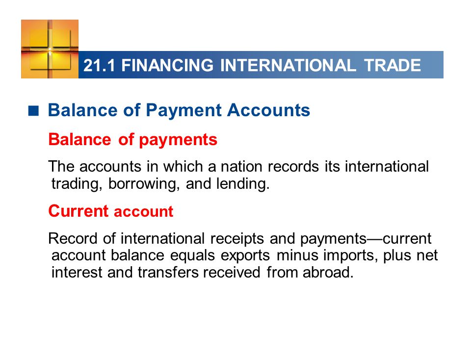 21.1 FINANCING INTERNATIONAL TRADE  Balance of Payment Accounts Balance of payments The accounts in which a nation records its international trading, borrowing, and lending.