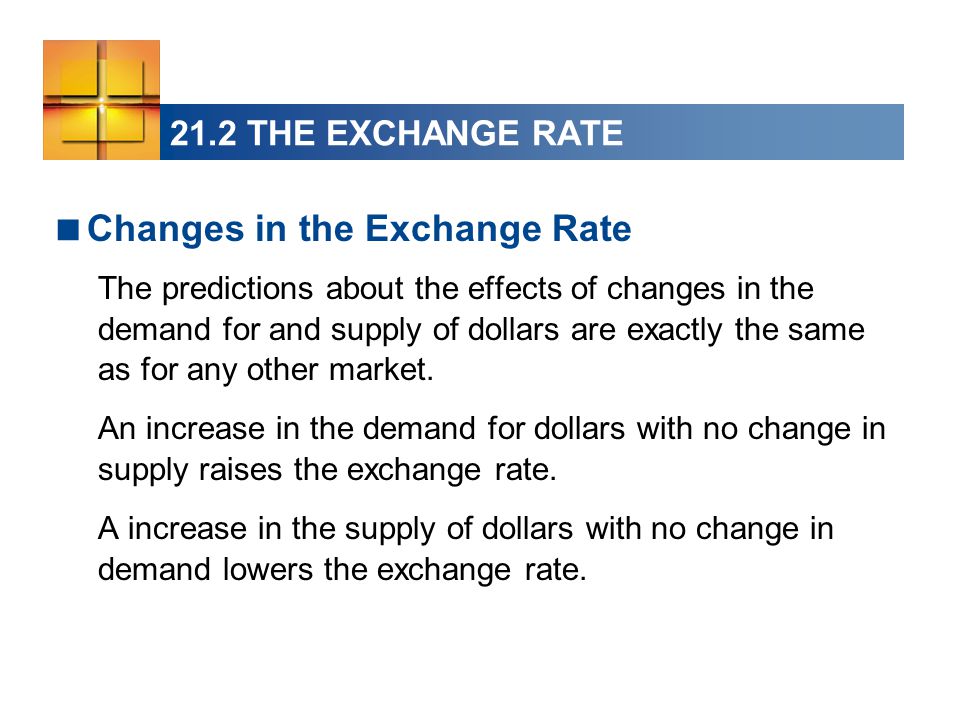  Changes in the Exchange Rate The predictions about the effects of changes in the demand for and supply of dollars are exactly the same as for any other market.
