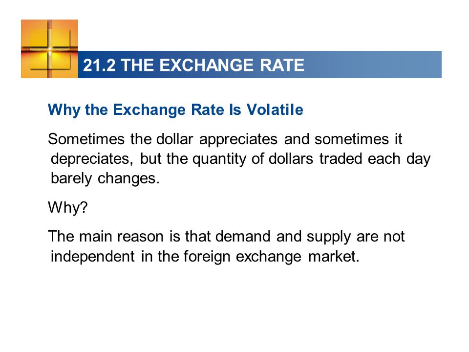 21.2 THE EXCHANGE RATE Why the Exchange Rate Is Volatile Sometimes the dollar appreciates and sometimes it depreciates, but the quantity of dollars traded each day barely changes.