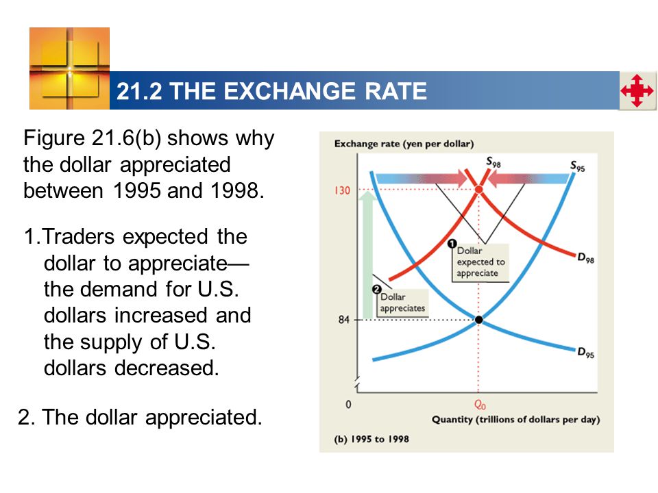 21.2 THE EXCHANGE RATE Figure 21.6(b) shows why the dollar appreciated between 1995 and 1998.