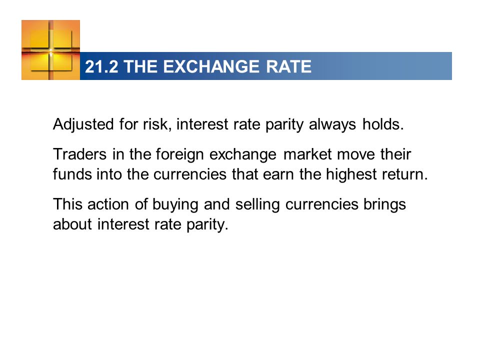 21.2 THE EXCHANGE RATE Adjusted for risk, interest rate parity always holds.