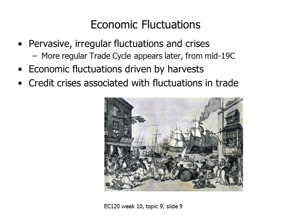 Economic Fluctuations Pervasive, irregular fluctuations and crises –More regular Trade Cycle appears later, from mid-19C Economic fluctuations driven by harvests Credit crises associated with fluctuations in trade EC120 week 10, topic 9, slide 9
