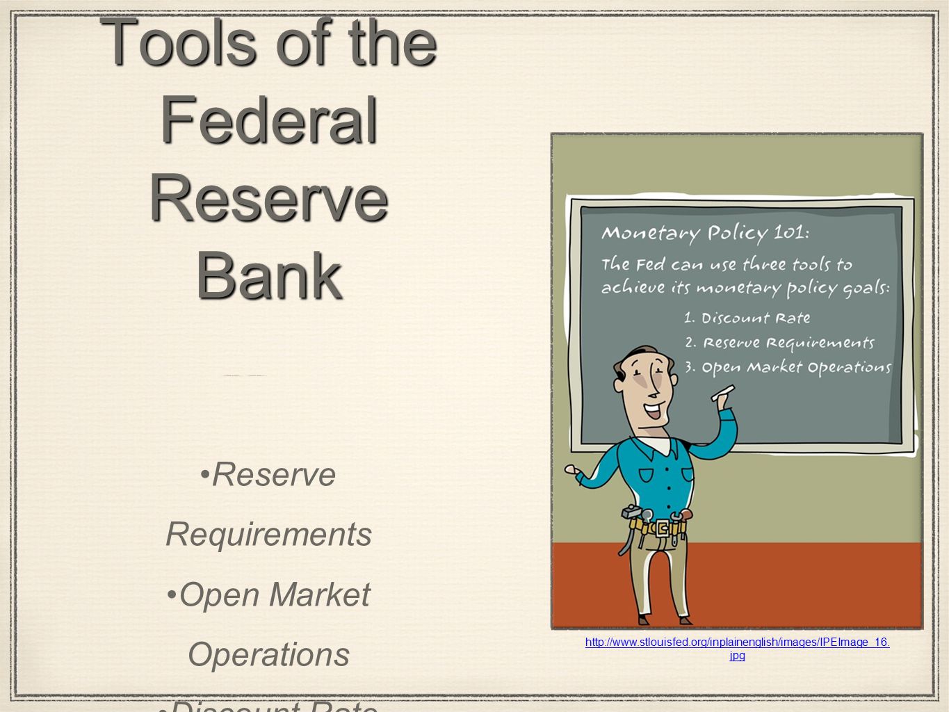 Tools of the Federal Reserve Bank Reserve Requirements Open Market Operations Discount Rate