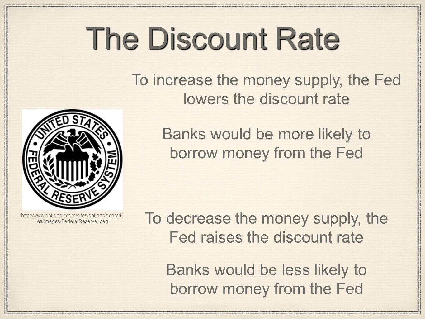 The Discount Rate   es/images/FederalReserve.jpeg To increase the money supply, the Fed lowers the discount rate Banks would be more likely to borrow money from the Fed To decrease the money supply, the Fed raises the discount rate Banks would be less likely to borrow money from the Fed