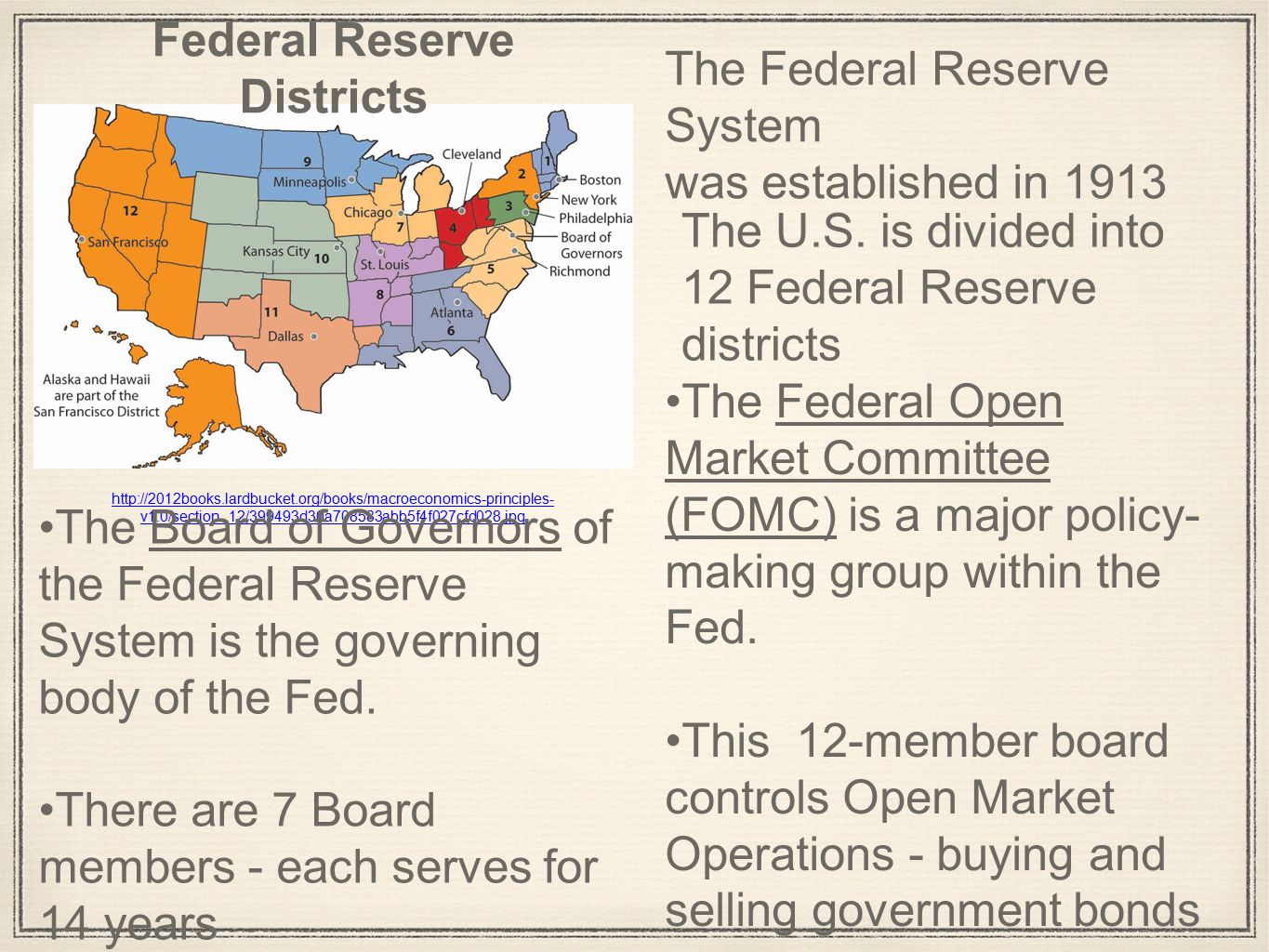 v1.0/section_12/399493d30a708583abb5f4f027cfd028.jpg Federal Reserve Districts The Federal Reserve System was established in 1913 The Board of Governors of the Federal Reserve System is the governing body of the Fed.