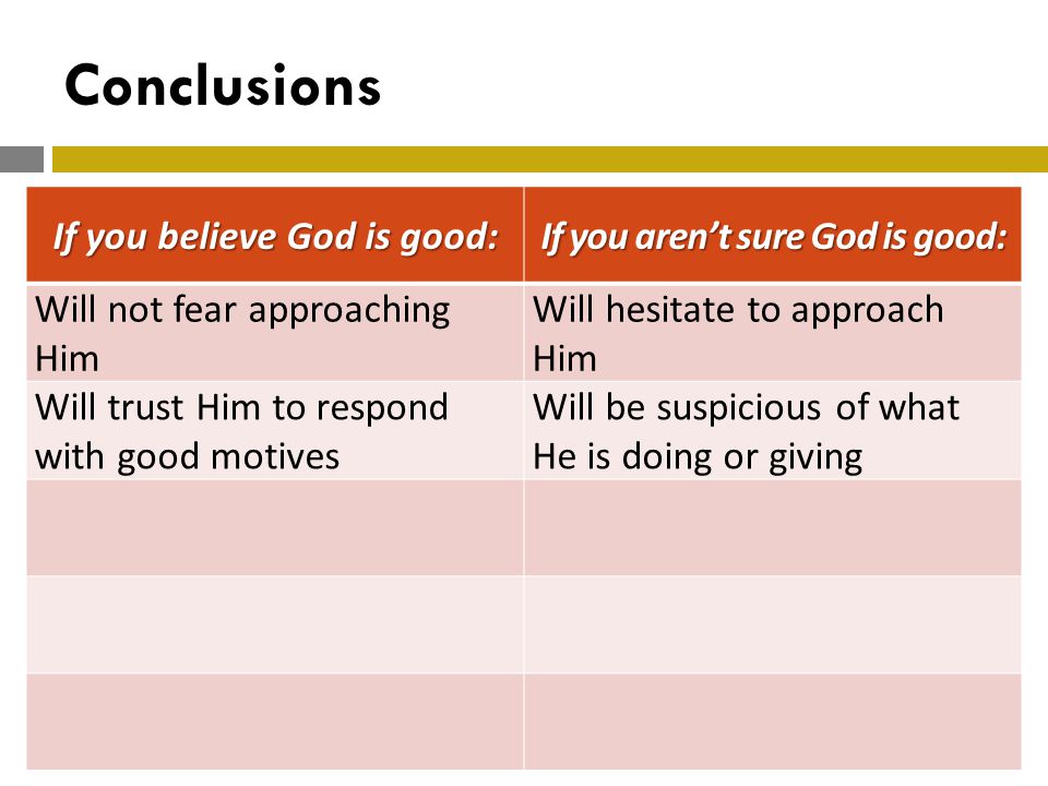 Conclusions If you believe God is good: If you aren’t sure God is good: Will not fear approaching Him Will hesitate to approach Him Will trust Him to respond with good motives Will be suspicious of what He is doing or giving