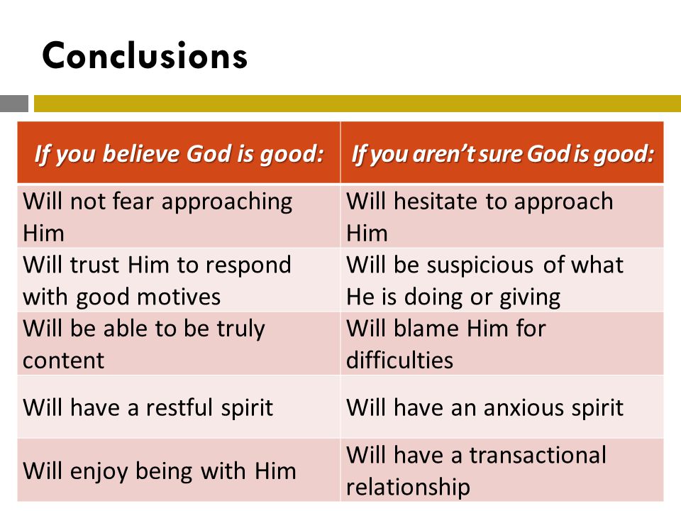 Conclusions If you believe God is good: If you aren’t sure God is good: Will not fear approaching Him Will hesitate to approach Him Will trust Him to respond with good motives Will be suspicious of what He is doing or giving Will be able to be truly content Will blame Him for difficulties Will have a restful spiritWill have an anxious spirit Will enjoy being with Him Will have a transactional relationship