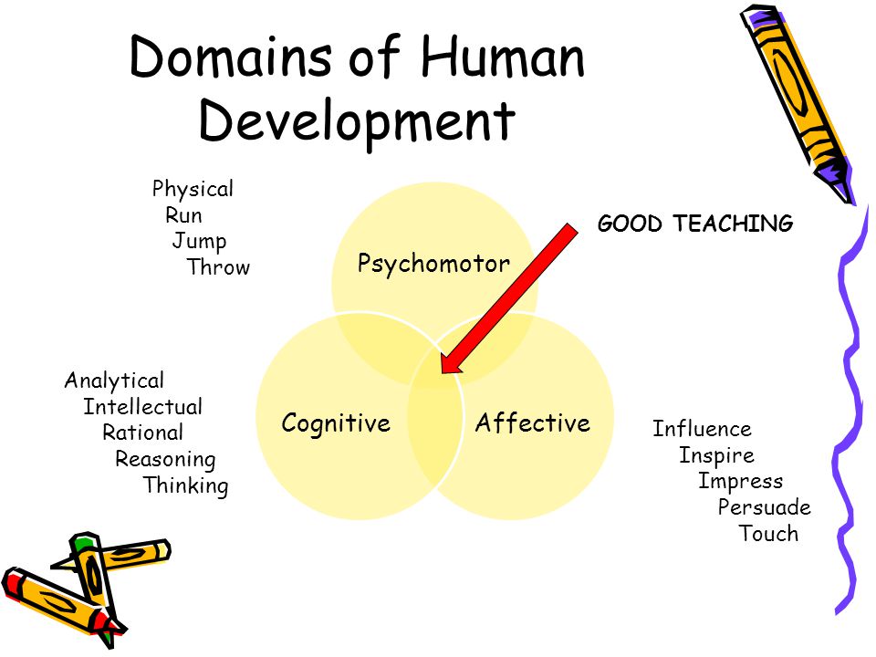 Domains of Human Development Psychomotor AffectiveCognitive GOOD TEACHING Analytical Intellectual Rational Reasoning Thinking Influence Inspire Impress Persuade Touch Physical Run Jump Throw