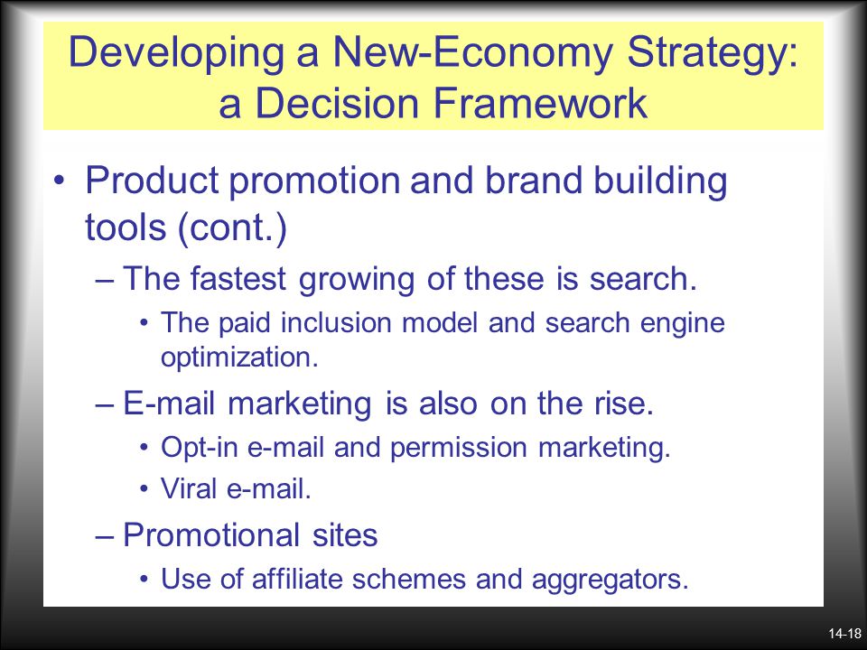 14-18 Developing a New-Economy Strategy: a Decision Framework Product promotion and brand building tools (cont.) –The fastest growing of these is search.