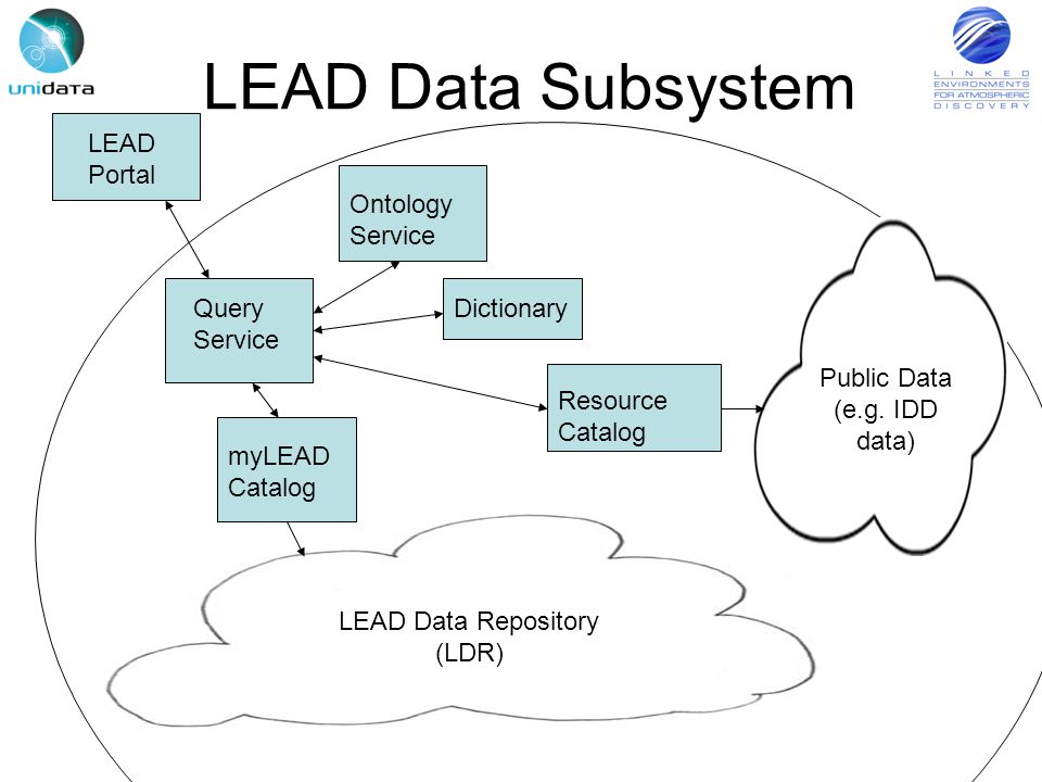 LEAD Data Subsystem Query Service Dictionary Ontology Service Resource Catalog myLEAD Catalog LEAD Data Repository (LDR) Public Data (e.g.