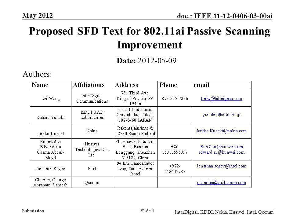 Submission doc.: IEEE ai May 2012 InterDigital, KDDI, Nokia, Huawei, Intel, Qcomm Slide 1 Proposed SFD Text for ai Passive Scanning Improvement Date: Authors: