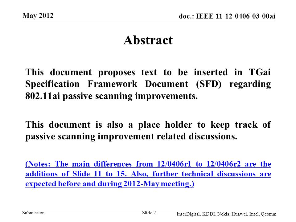 Submission doc.: IEEE ai May 2012 Slide 2 Abstract This document proposes text to be inserted in TGai Specification Framework Document (SFD) regarding ai passive scanning improvements.