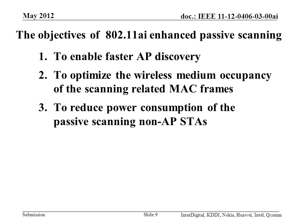 Submission doc.: IEEE ai The objectives of ai enhanced passive scanning 1.To enable faster AP discovery 2.To optimize the wireless medium occupancy of the scanning related MAC frames 3.To reduce power consumption of the passive scanning non-AP STAs Slide 9 May 2012 InterDigital, KDDI, Nokia, Huawei, Intel, Qcomm