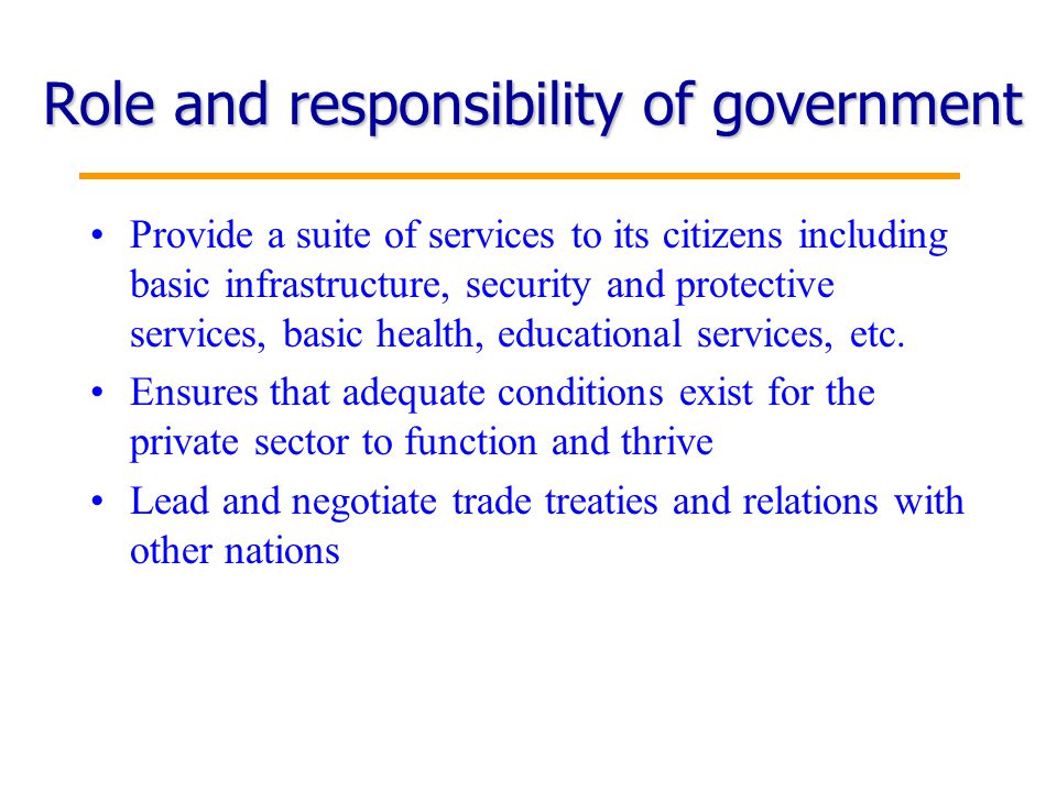 3 Role and responsibility of government Provide a suite of services to its citizens including basic infrastructure, security and protective services, basic health, educational services, etc.
