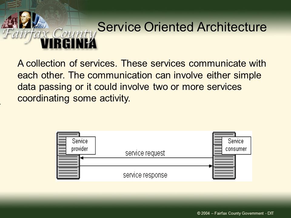 © 2004 – Fairfax County Government - DIT Service Oriented Architecture A collection of services.
