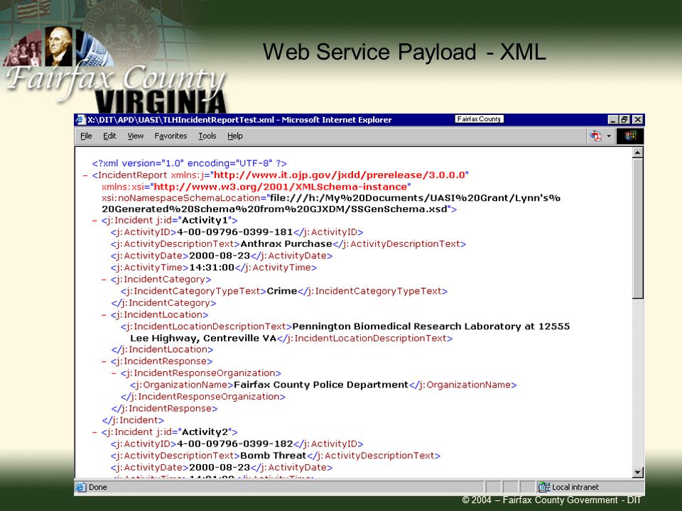 © 2004 – Fairfax County Government - DIT Web Service Payload - XML